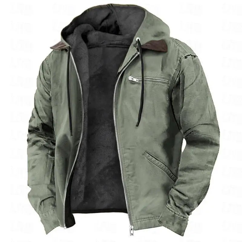 Men Autumn Winter Solid Color Hooded Cotton Clothes Casual Velvet Zipper Pocket Hoodie Jacket Coat Sweatshirt