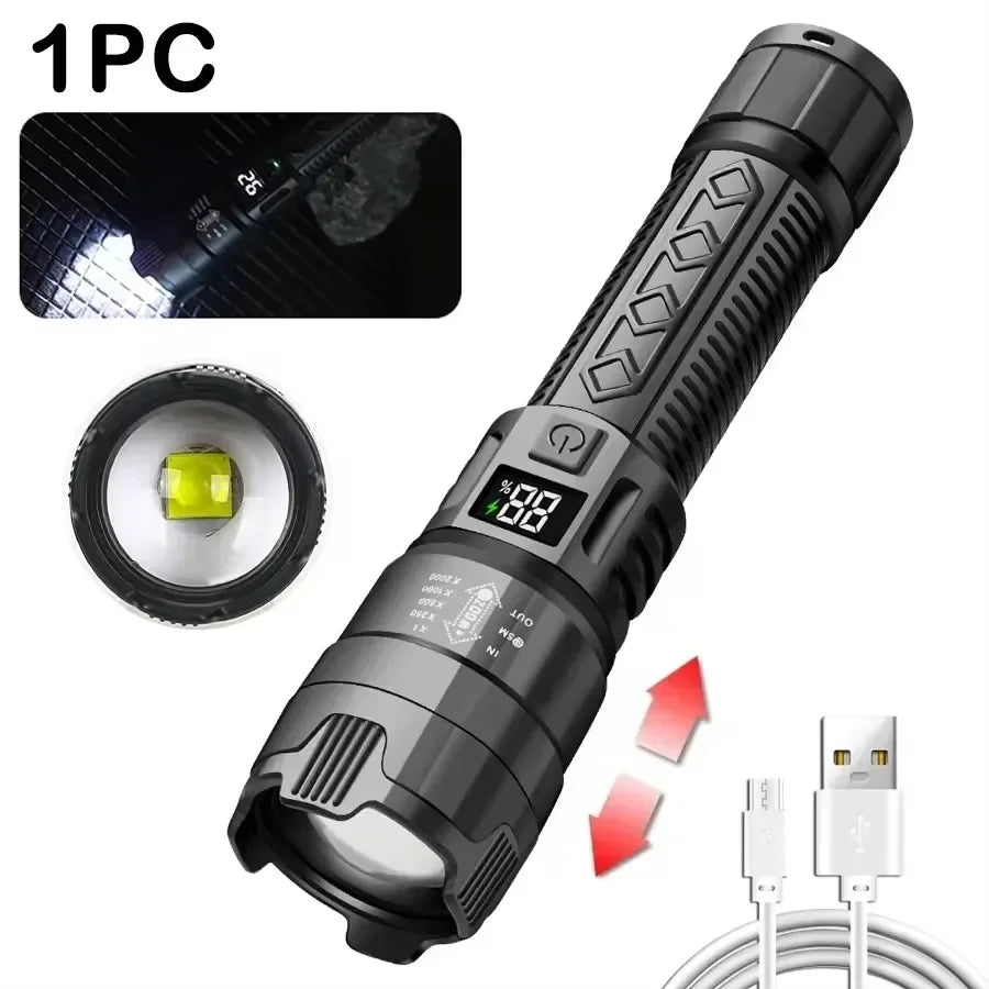 Rechargeable LED Flashlight Zoomable Torch with LCD Display 3 Modes Waterproof High Power Hand Light Outdoor Wilderness Camping