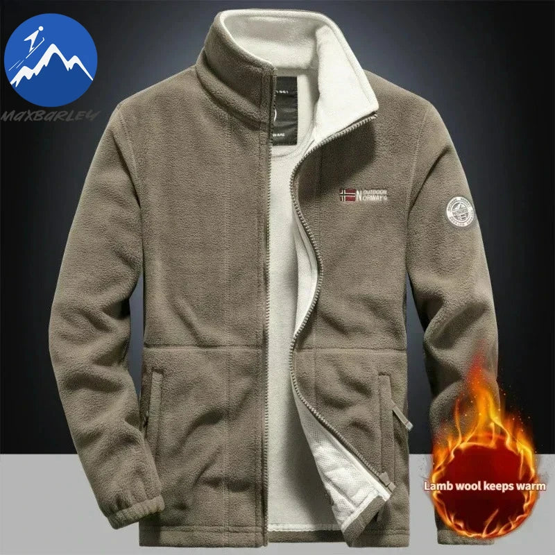 Winter Warm Fleece Jacket Men Climbing Double Thickened Pocket Jacket Outdoor High Collar Windproof Ski Sweatshirt Coat Man Snow