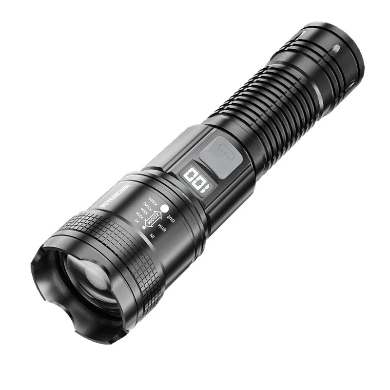 Rechargeable LED Flashlight Zoomable Torch with LCD Display 3 Modes Waterproof High Power Hand Light Outdoor Wilderness Camping