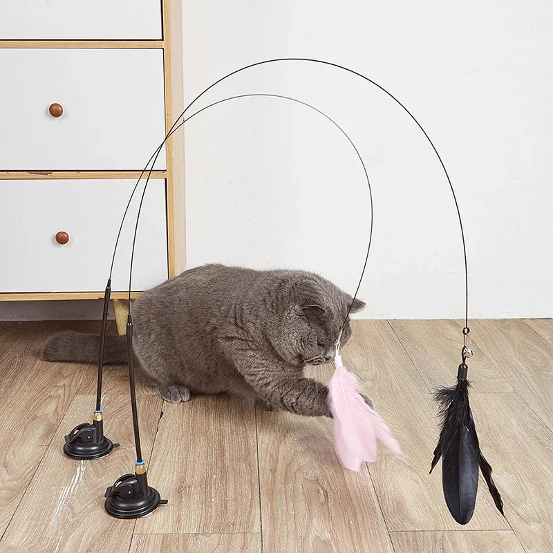 Interactive Cat Toy Feather Wand with Bell, Long Suction Cup Pole - Exciting Playtime for Kittens, Durable Teaser Toy