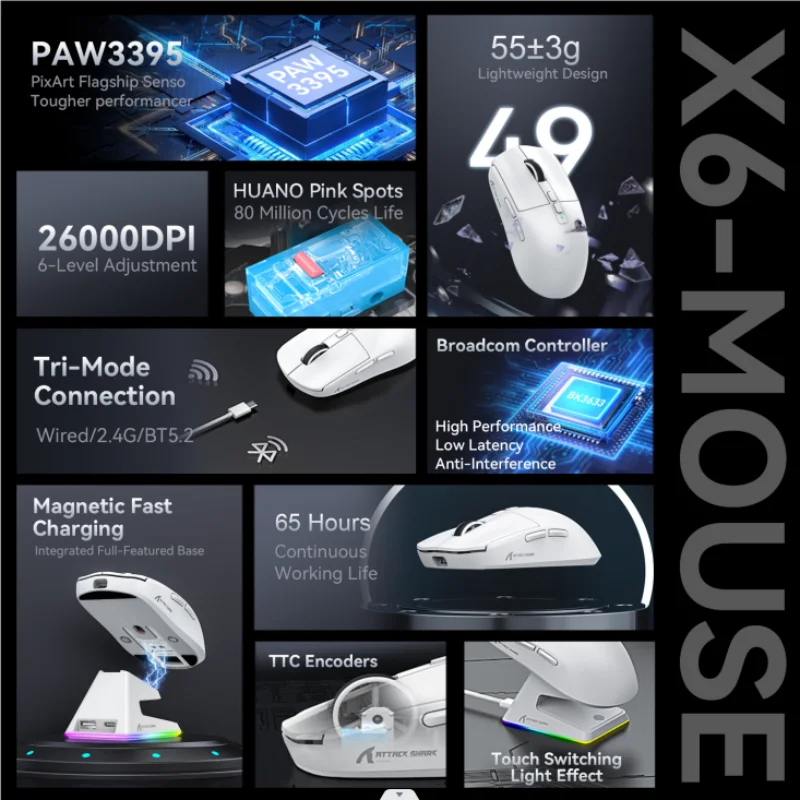 Attack shark X6 Bluetooth Mouse,PAW3395,2.4 Tri-Mode Connection, RGB Touch Magnetic Charging Base, Macro Gaming Mouse