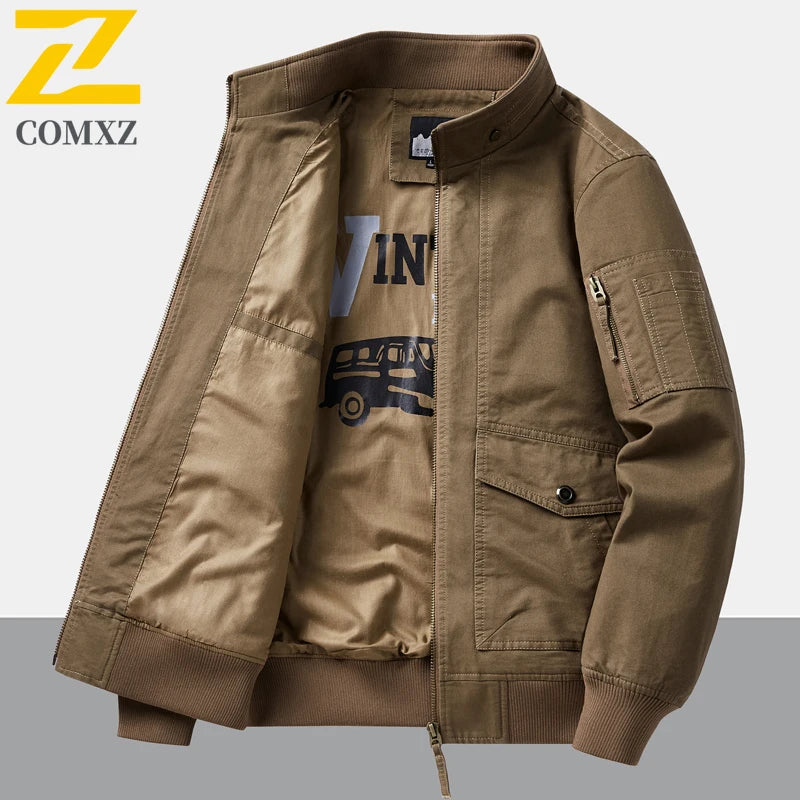 Mens Cotton Jacket 2025 Spring Autumn Solid Color Casual Loose Multi-pocket Outdoor Travel Stand Collar Moto Top Men Work Coat