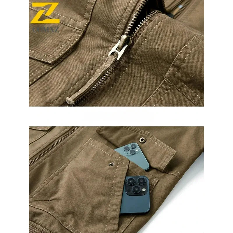Mens Cotton Jacket 2025 Spring Autumn Solid Color Casual Loose Multi-pocket Outdoor Travel Stand Collar Moto Top Men Work Coat