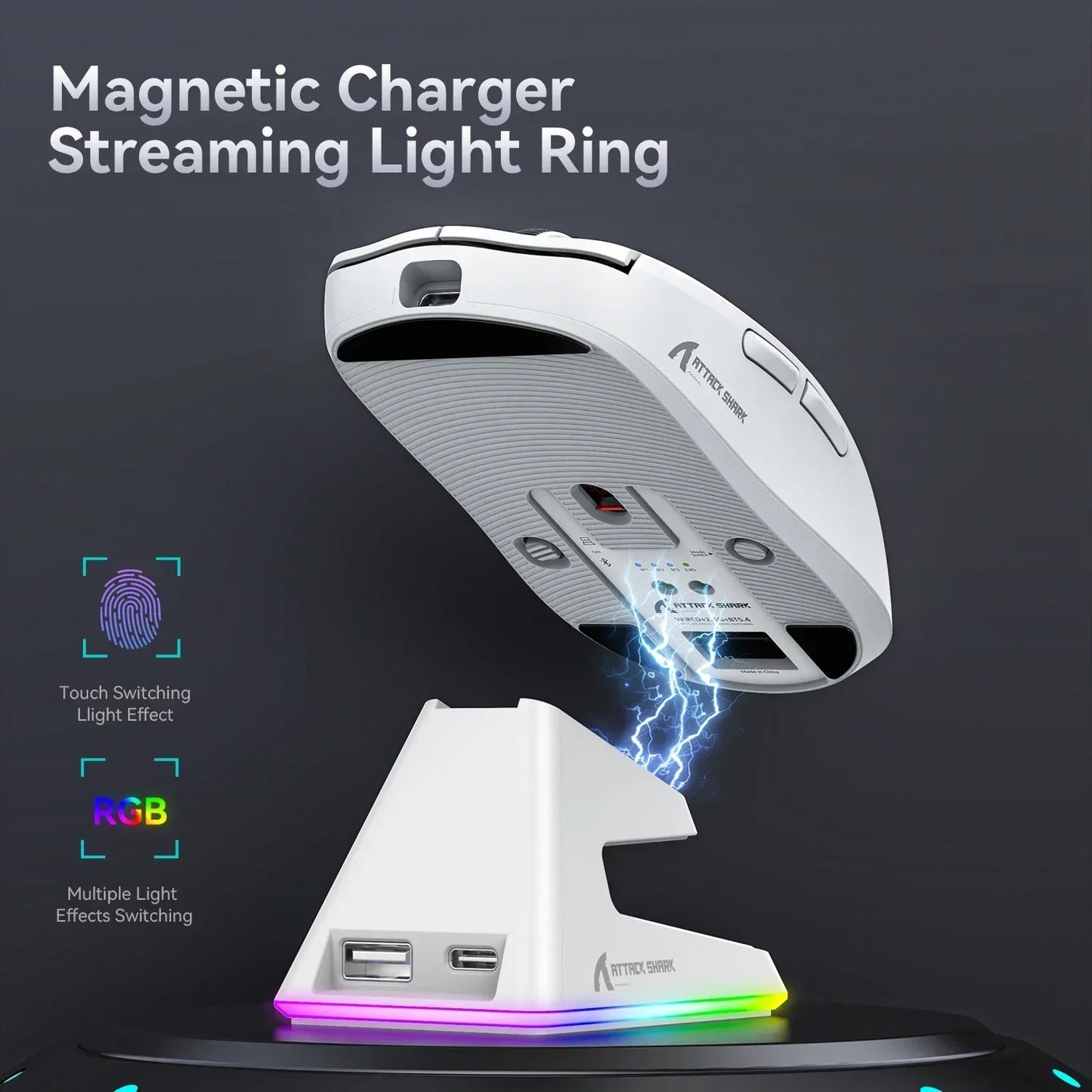 Attack shark X6 Bluetooth Mouse,PAW3395,2.4 Tri-Mode Connection, RGB Touch Magnetic Charging Base, Macro Gaming Mouse