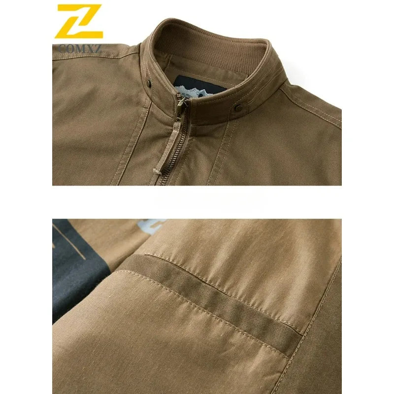 Mens Cotton Jacket 2025 Spring Autumn Solid Color Casual Loose Multi-pocket Outdoor Travel Stand Collar Moto Top Men Work Coat