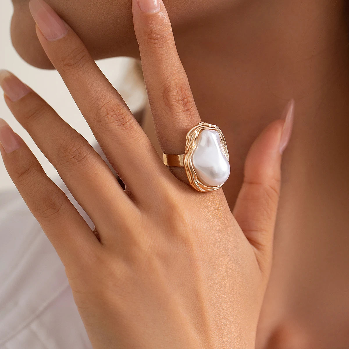 PuRui Punk Semi Baroque Imitation Pearl Alloy Open Adjustable Rings For Women Banquet Wedding Aesthetic Jewelry Accessories New