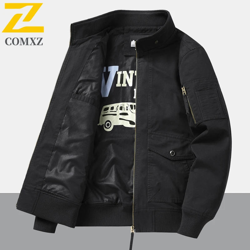 Mens Cotton Jacket 2025 Spring Autumn Solid Color Casual Loose Multi-pocket Outdoor Travel Stand Collar Moto Top Men Work Coat