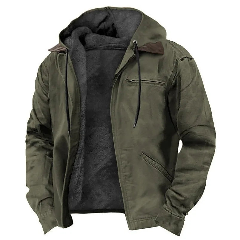 Men Autumn Winter Solid Color Hooded Cotton Clothes Casual Velvet Zipper Pocket Hoodie Jacket Coat Sweatshirt