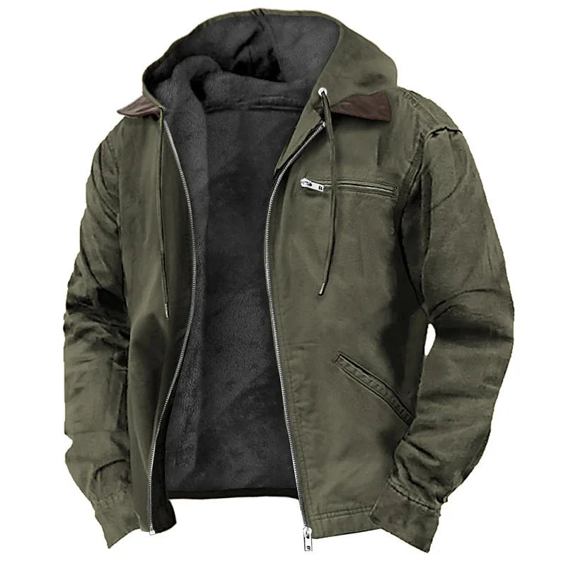 Men Autumn Winter Solid Color Hooded Cotton Clothes Casual Velvet Zipper Pocket Hoodie Jacket Coat Sweatshirt