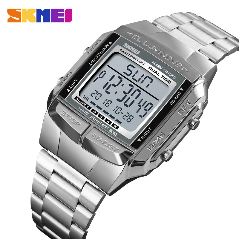 Clearance_SKMEI Fashion Back Light Digital Sports Watch Men Stainless Steel Strap Alarm Clock Countdown Glass Mirror Wristwatch