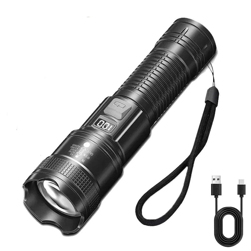 Rechargeable LED Flashlight Zoomable Torch with LCD Display 3 Modes Waterproof High Power Hand Light Outdoor Wilderness Camping