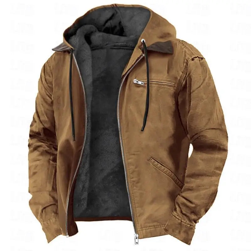 Men Autumn Winter Solid Color Hooded Cotton Clothes Casual Velvet Zipper Pocket Hoodie Jacket Coat Sweatshirt