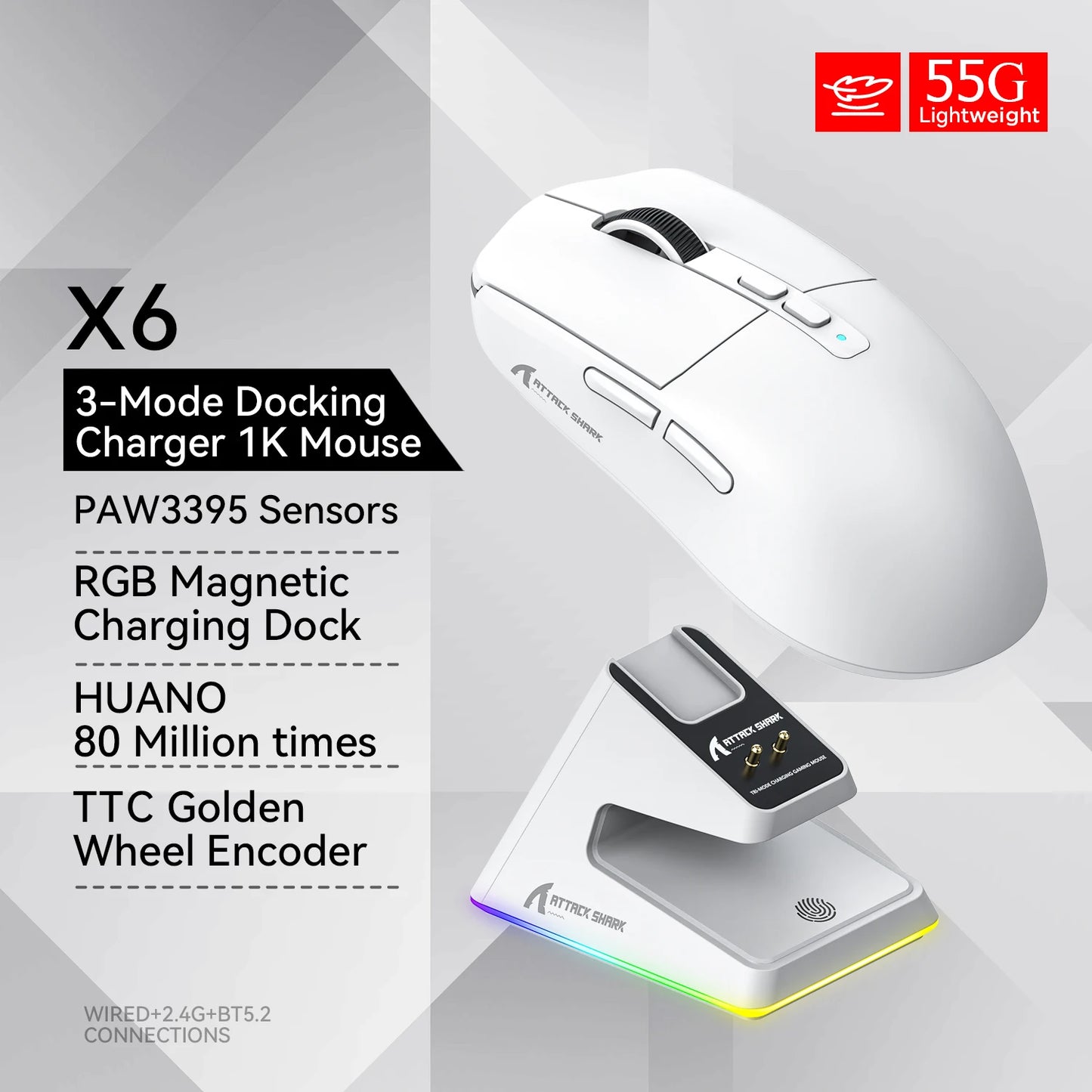 Attack shark X6 Bluetooth Mouse,PAW3395,2.4 Tri-Mode Connection, RGB Touch Magnetic Charging Base, Macro Gaming Mouse