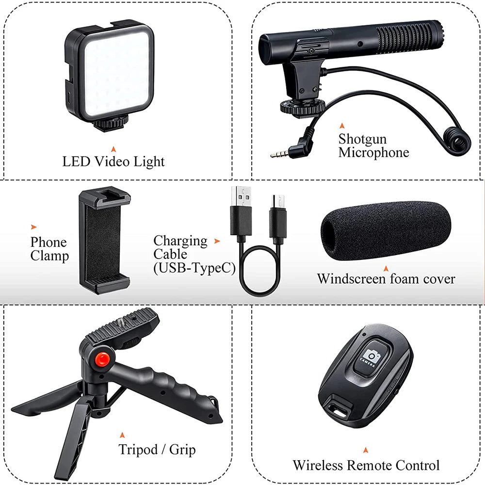 Vlogging Kit Smartphone Camera Video Vlogging Kit for iPhone/Android with Light + Microphone + Tripod + Phone Holder for Vlog