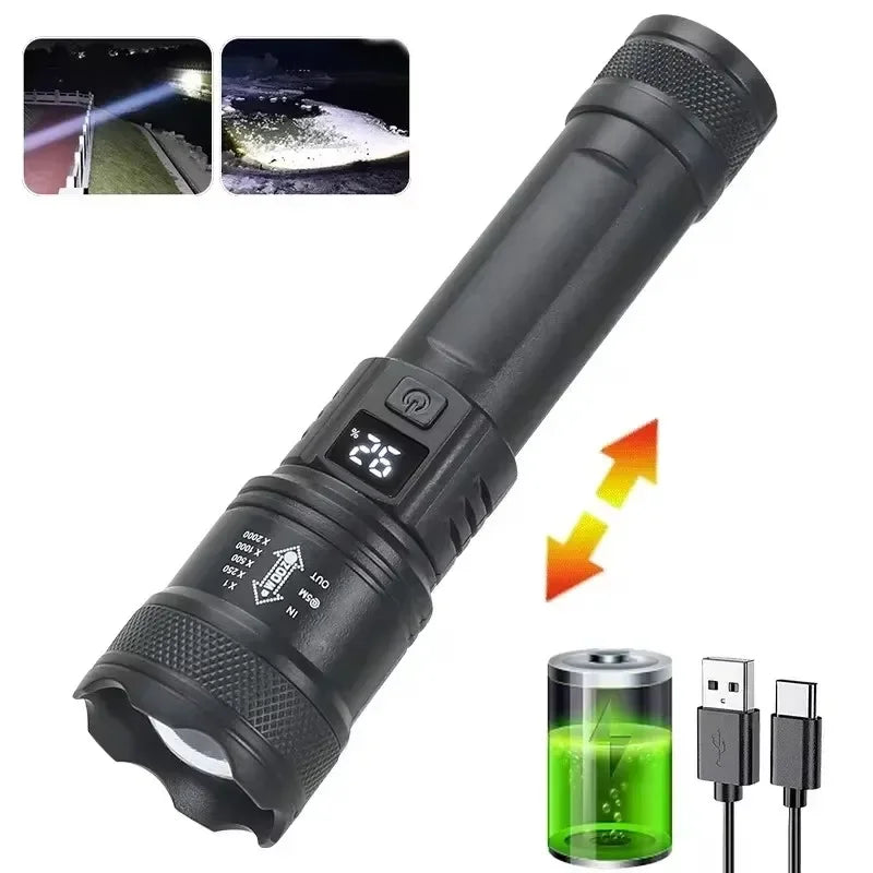 Rechargeable LED Flashlight Zoomable Torch with LCD Display 3 Modes Waterproof High Power Hand Light Outdoor Wilderness Camping