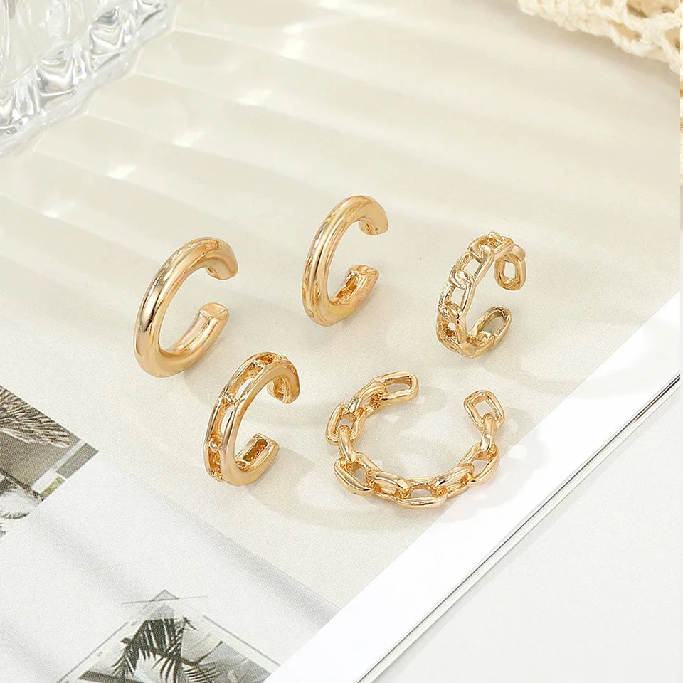 Chic Gold Color Leaves Ear Cuff Black Non-Piercing Ear Clips Fake Cartilage Earrings Clip Earrings For Women Daily Jewelry