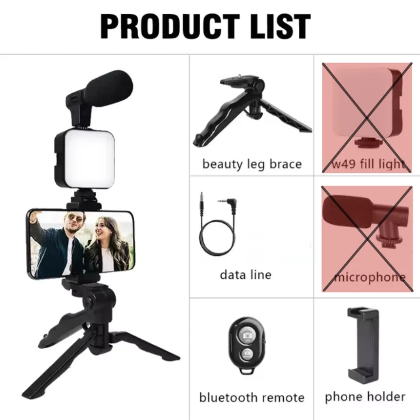 Smartphone Vlogging Kit With Tripod Phone Holder Mini Microphone LED Fill Light Starter For TikTok Live Stream Video YouTube