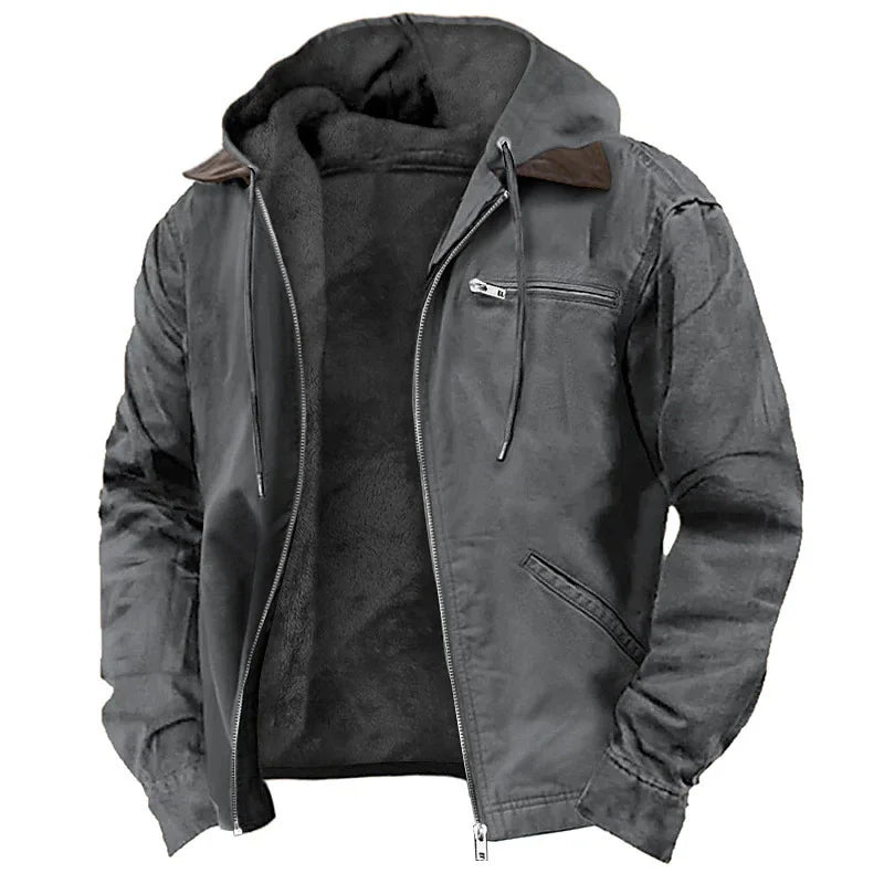 Men Autumn Winter Solid Color Hooded Cotton Clothes Casual Velvet Zipper Pocket Hoodie Jacket Coat Sweatshirt