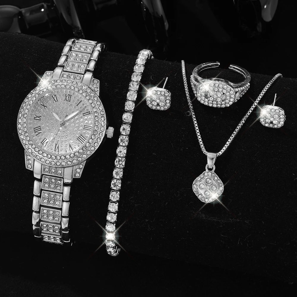 6PCS/SET Silver Women's Watch Business Leisure Element Watch Luxury Dial Quartz Watch Jewelry Set Gift For Her