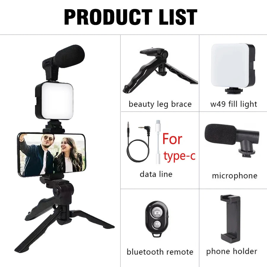 AY49 Smartphone Vlogging Kit With Tripod Phone Holder Mini Microphone LED Fill Light Starter For TikTok Live Stream Video YouTub