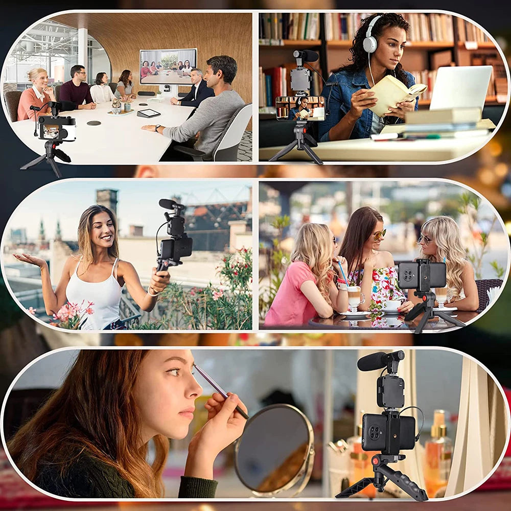 Vlogging Kit Smartphone Camera Video Vlogging Kit for iPhone/Android with Light + Microphone + Tripod + Phone Holder for Vlog