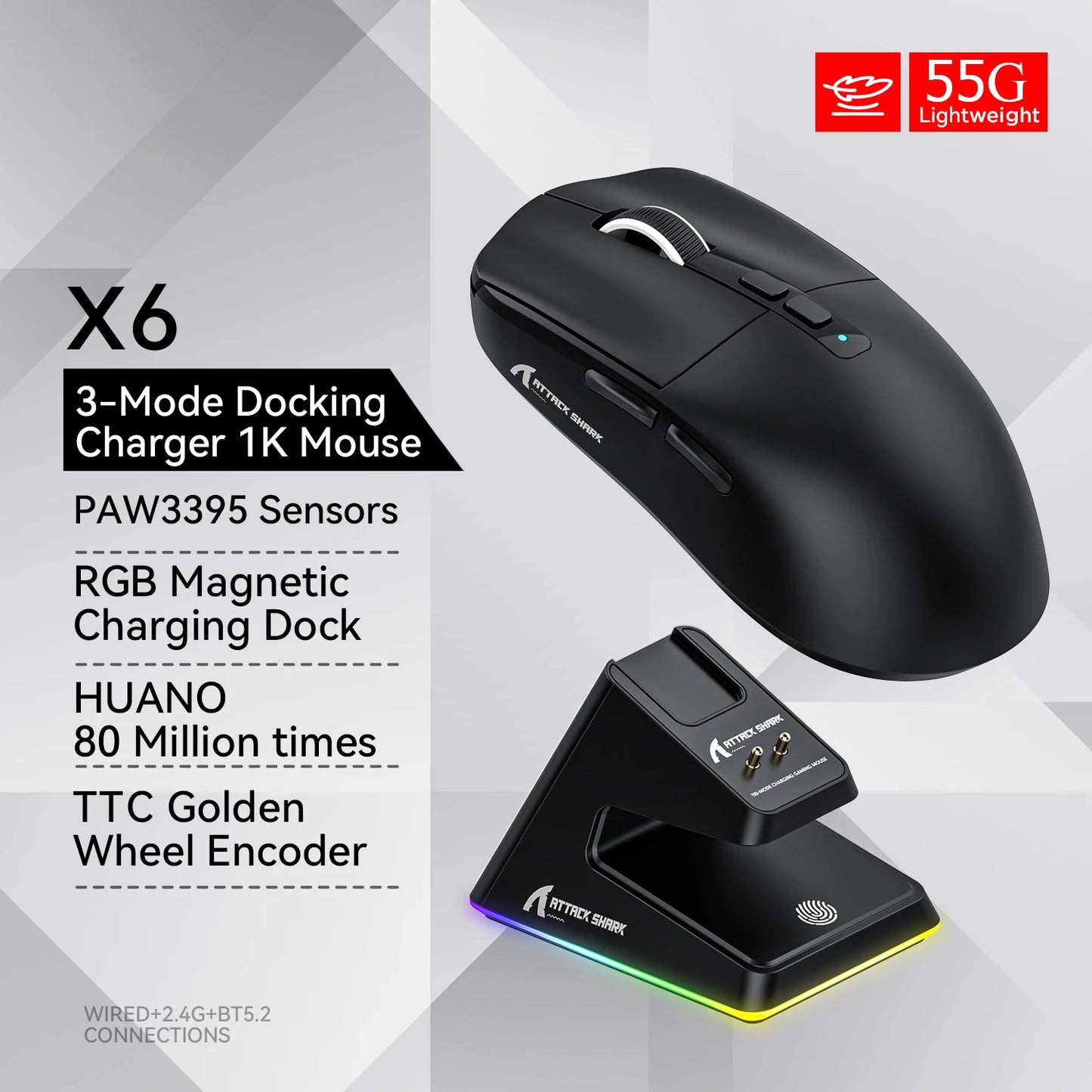 Attack shark X6 Bluetooth Mouse,PAW3395,2.4 Tri-Mode Connection, RGB Touch Magnetic Charging Base, Macro Gaming Mouse
