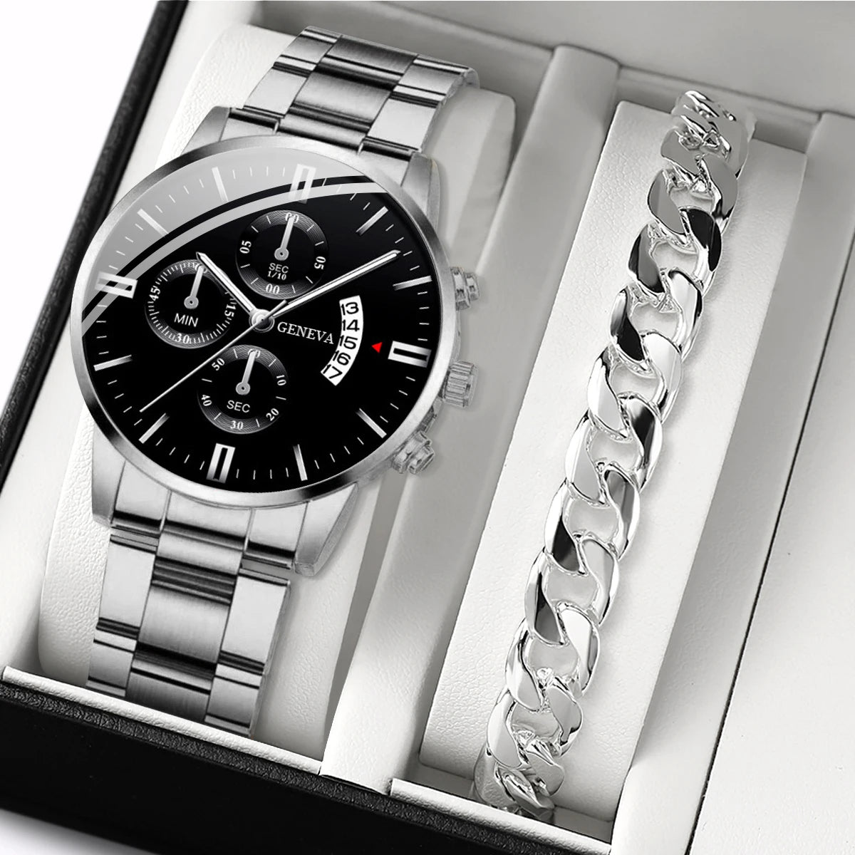2PCS Men Business Watches Fashion Steel Band Quartz Watch Male Calendar Watch Bracelet Relogio Masculino(Without Box)