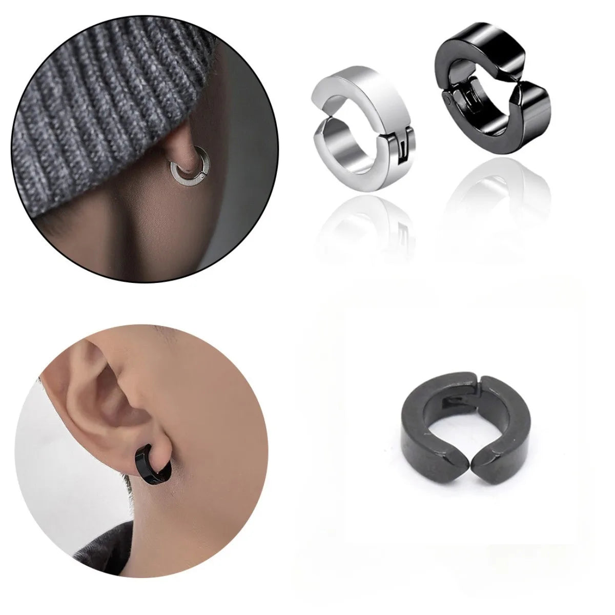 2pc Ear Clips Earrings Without Ear Holes Black Silvery Stainless Steel Buckle Simple Trend Men Women and Fashion Couple Gifts