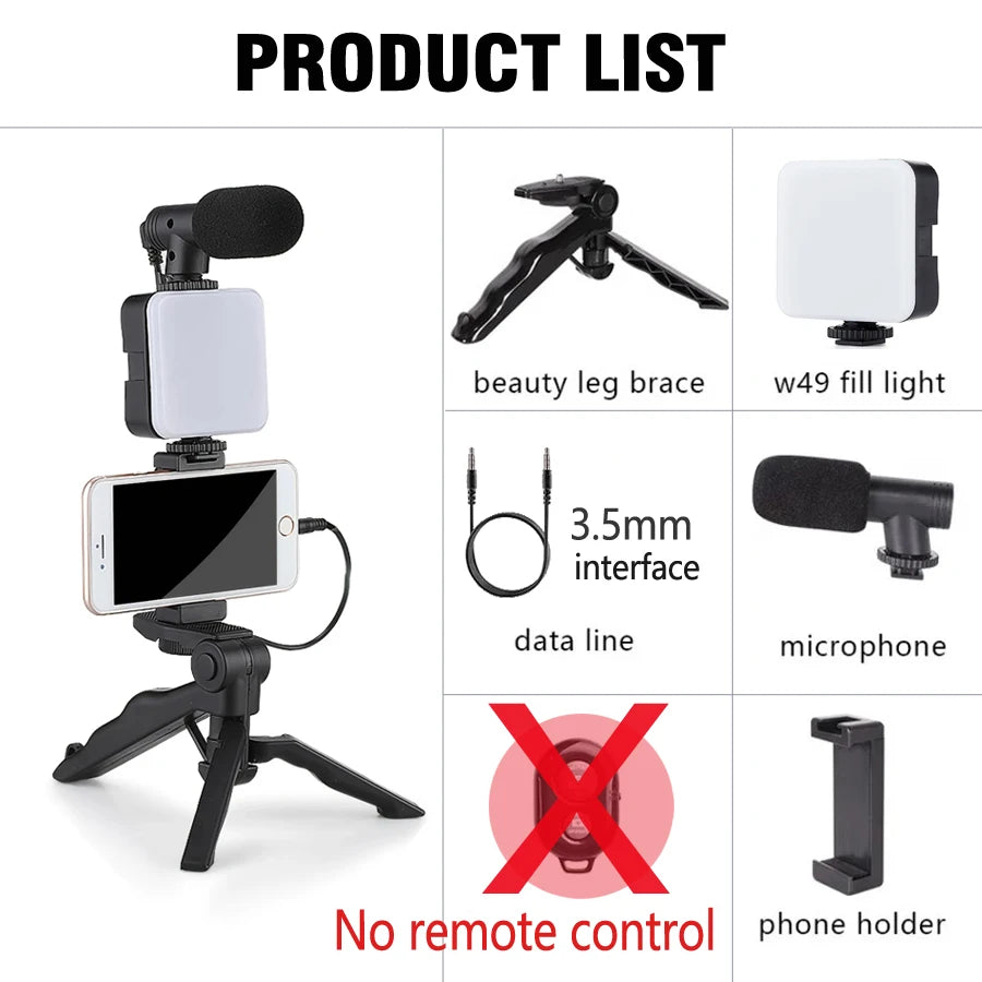 Smartphone Vlogging Kit With Tripod Phone Holder Mini Microphone LED Fill Light Starter For TikTok Live Stream Video YouTube
