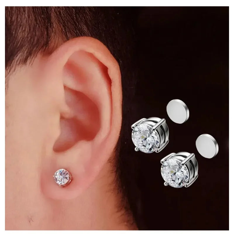 1Pairs Crystal Strong Magnetic Ear Stud Clip Earrings for Men Women, Punk Round Zircon Magnet Earrings Non Piercing Ear Jewelry