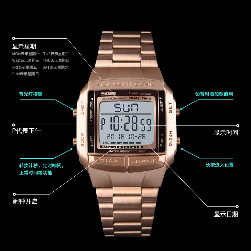 Clearance_SKMEI Fashion Back Light Digital Sports Watch Men Stainless Steel Strap Alarm Clock Countdown Glass Mirror Wristwatch