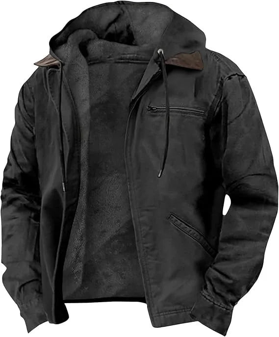 Men Autumn Winter Solid Color Hooded Cotton Clothes Casual Velvet Zipper Pocket Hoodie Jacket Coat Sweatshirt