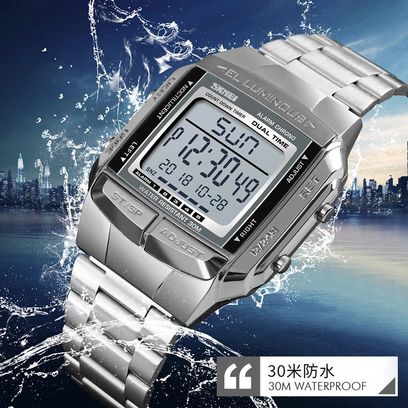 Clearance_SKMEI Fashion Back Light Digital Sports Watch Men Stainless Steel Strap Alarm Clock Countdown Glass Mirror Wristwatch