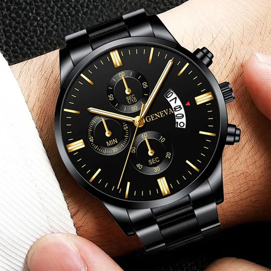 2PCS Men Business Watches Fashion Steel Band Quartz Watch Male Calendar Watch Bracelet Relogio Masculino（Without Box）