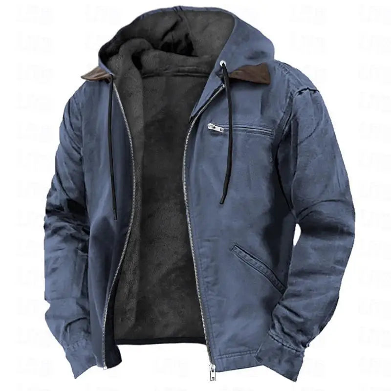 Men Autumn Winter Solid Color Hooded Cotton Clothes Casual Velvet Zipper Pocket Hoodie Jacket Coat Sweatshirt