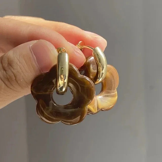 Colorful Flower Resin Acrylic Charms Earring Gold Color Circle Ear Buckle Hoop Earrings Fashion Jewelry for Women