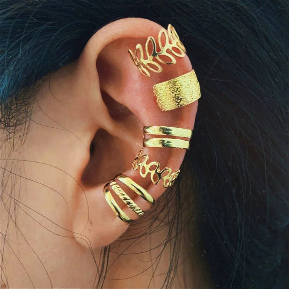 5-15pcs Simple Vintage Metal Clip Earrings Set for Women Teens Casual Hollow Leaf Fake Piercing Earring Jewelry Accessories Gift
