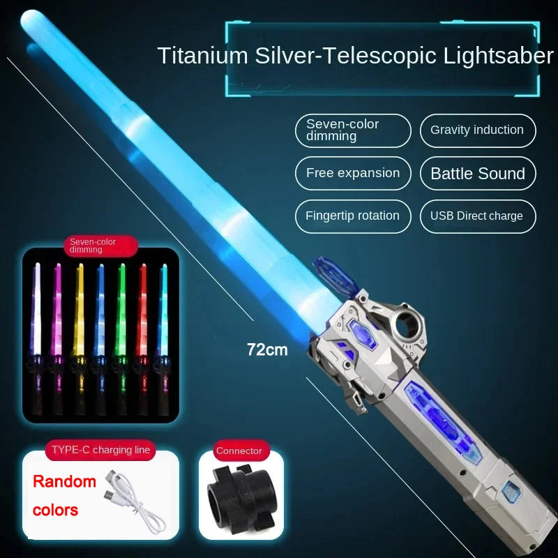 Children Colorful Glowing Sword Toys Telescopic Music Laser Sword 2-in-1 Rotating Decompression Light Sword Kids Adult Boys Toys