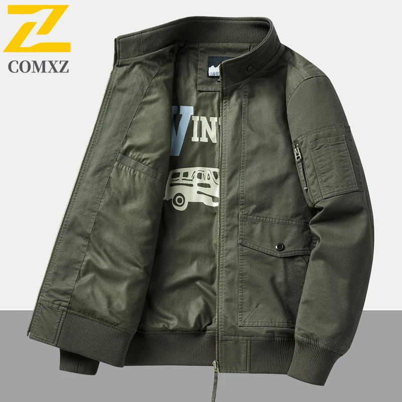 Mens Cotton Jacket 2025 Spring Autumn Solid Color Casual Loose Multi-pocket Outdoor Travel Stand Collar Moto Top Men Work Coat