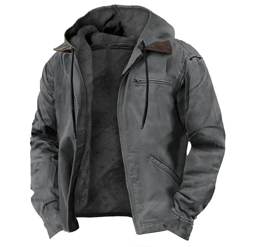 Men Autumn Winter Solid Color Hooded Cotton Clothes Casual Velvet Zipper Pocket Hoodie Jacket Coat Sweatshirt
