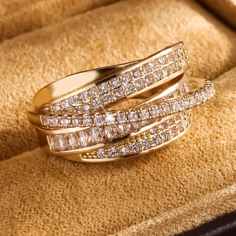 UILZ High Quality Copper Inlaid Zircon Multi-layer Star Opening Ring Women's Plated 18k-Gold Couple Holiday Gift Ring Jewelry