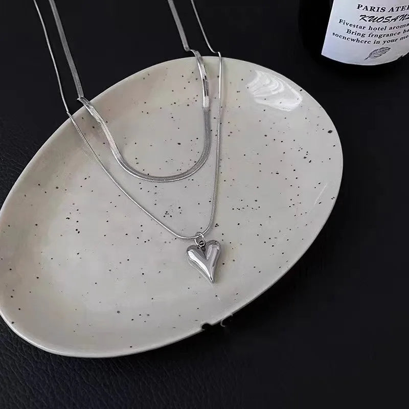 Seakissky Simple Stylish Double-layer Stainless Steel Necklace Charming Love Heart Pendant Hot Selling High-quality Women Gifts