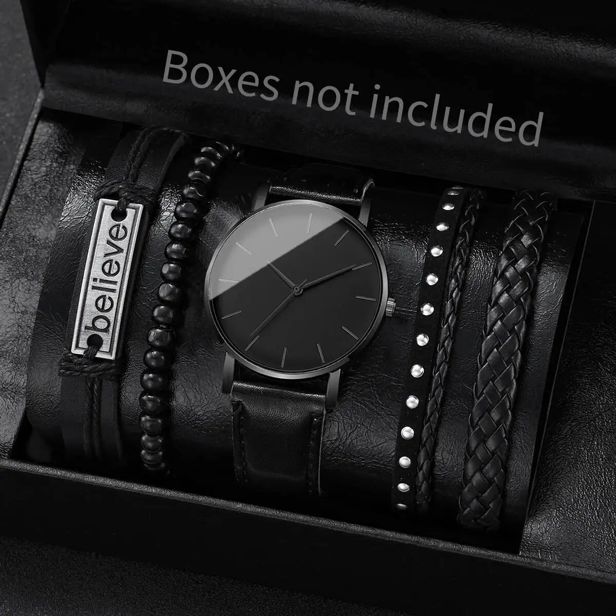 4/5PCS Fashion Leather Strap Men Business Watches Casual Mens Quartz Watch Vintage Bracelets Set Reloj Hombre（Without Box）