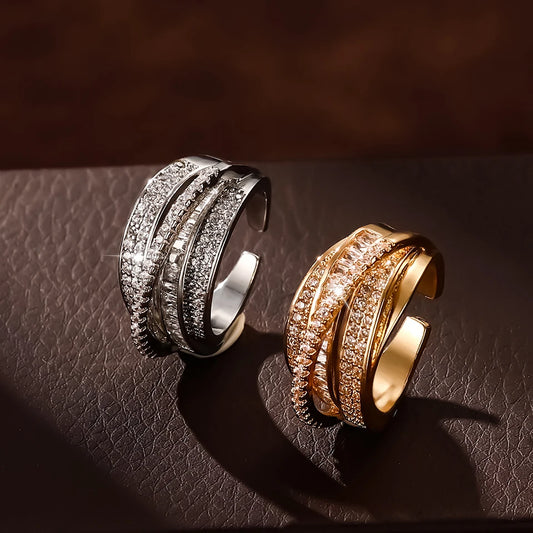 UILZ High Quality Copper Inlaid Zircon Multi-layer Star Opening Ring Women's Plated 18k-Gold Couple Holiday Gift Ring Jewelry