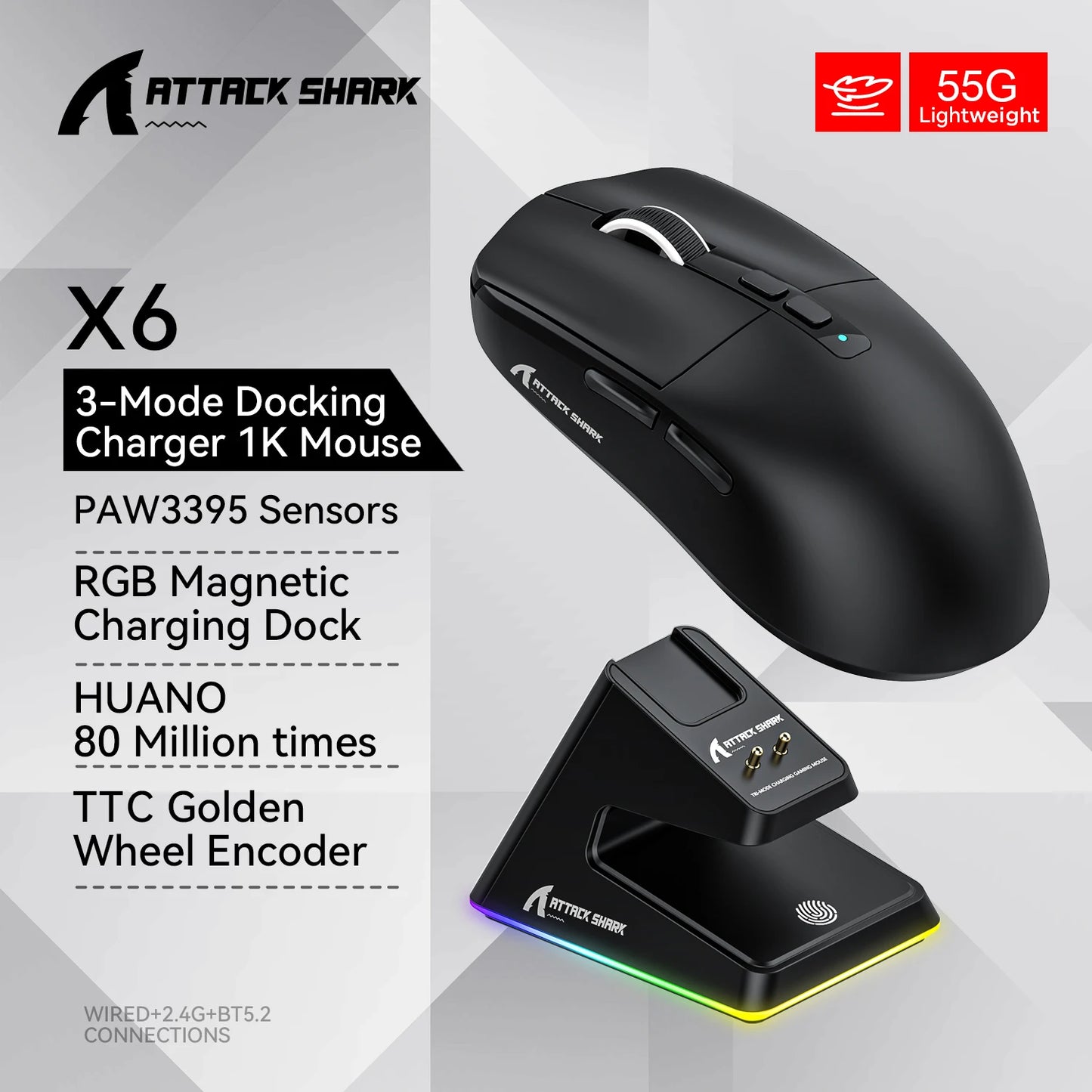 Attack shark X6 Bluetooth Mouse,PAW3395,2.4 Tri-Mode Connection, RGB Touch Magnetic Charging Base, Macro Gaming Mouse