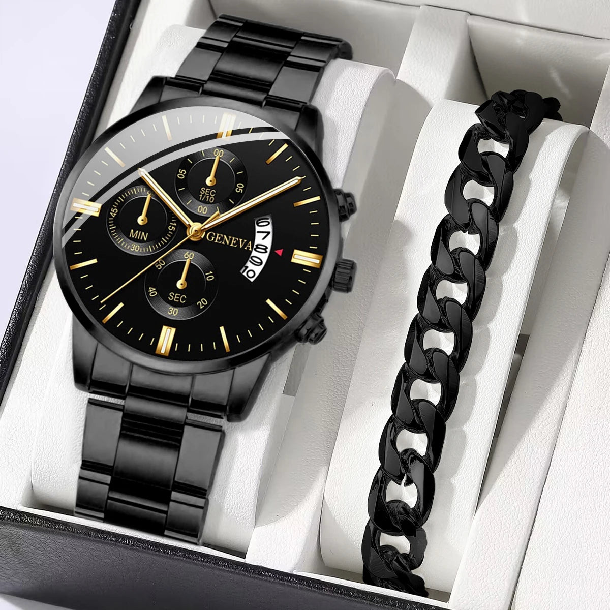 2PCS Men Business Watches Fashion Steel Band Quartz Watch Male Calendar Watch Bracelet Relogio Masculino（Without Box）