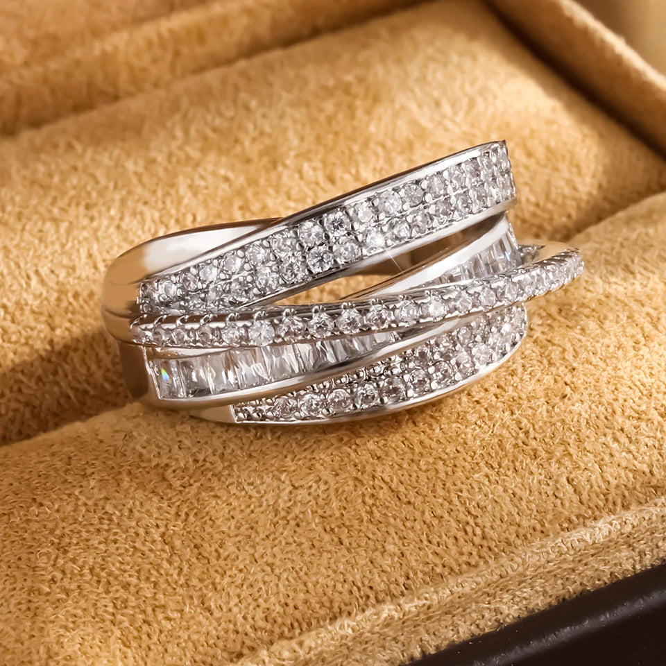 UILZ High Quality Copper Inlaid Zircon Multi-layer Star Opening Ring Women's Plated 18k-Gold Couple Holiday Gift Ring Jewelry
