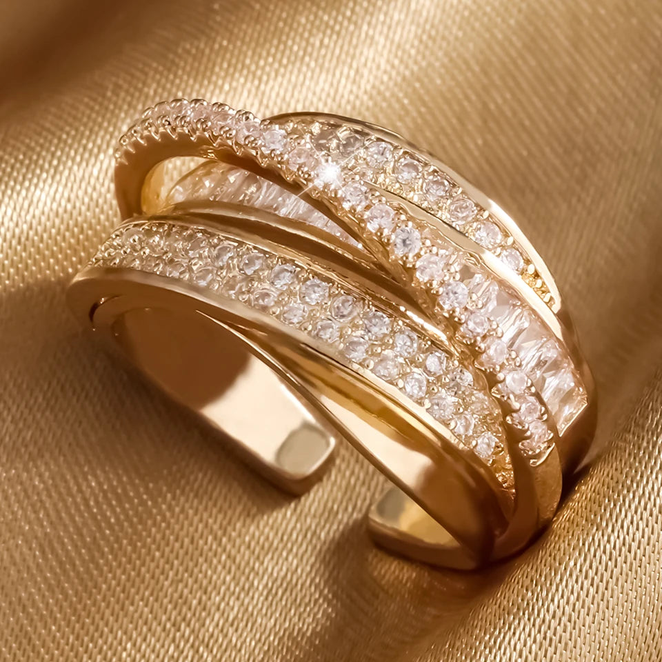 UILZ High Quality Copper Inlaid Zircon Multi-layer Star Opening Ring Women's Plated 18k-Gold Couple Holiday Gift Ring Jewelry