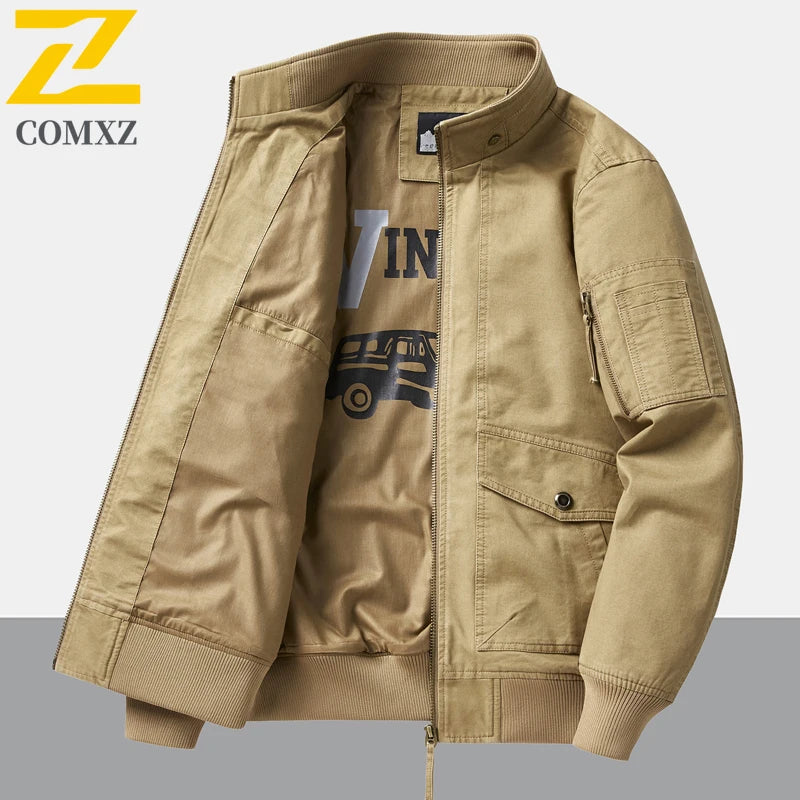 Mens Cotton Jacket 2025 Spring Autumn Solid Color Casual Loose Multi-pocket Outdoor Travel Stand Collar Moto Top Men Work Coat